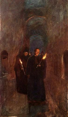 Robed figures carrying torches walk in procession through a catacomb