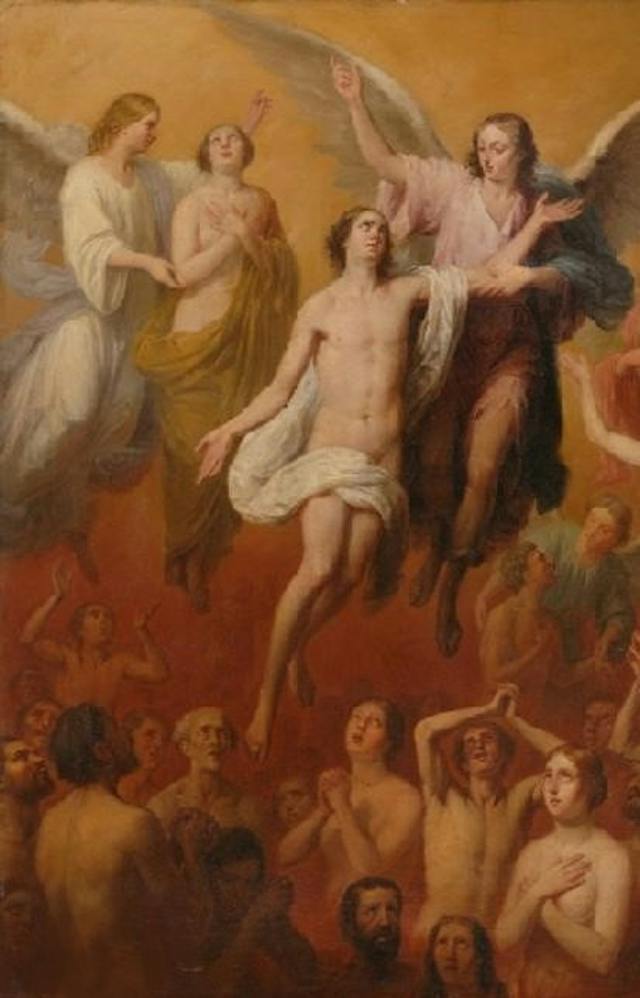 Angels lift souls out of Purgatory while the souls below reach up toward them