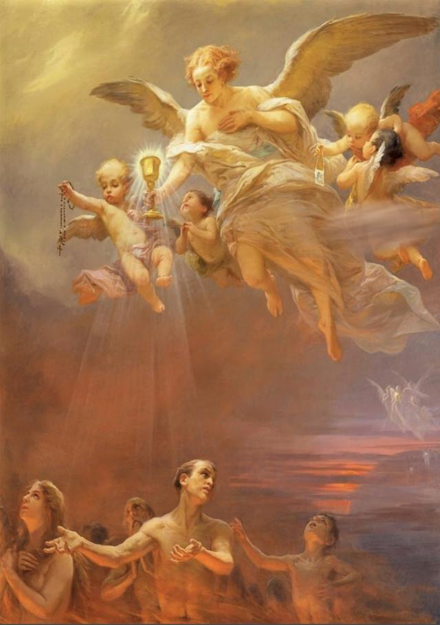 Angels carrying a chalice and a rosary descend toward souls rising from the flames of Purgatory
