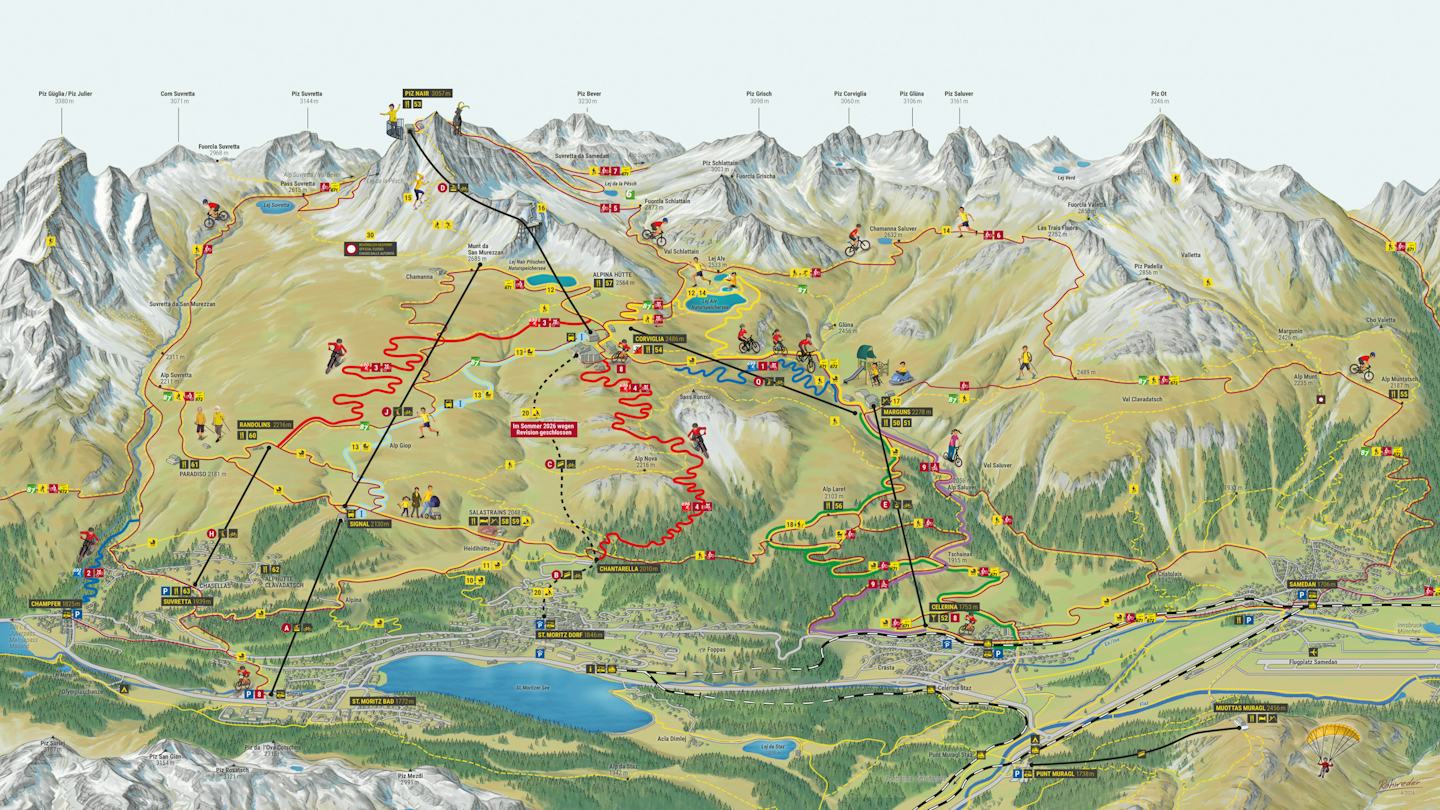 Panoramakarte Corviglia Sommer 2026 mit Bergbahnen, Wanderwegen, Bike-Trails, Gipfeln und weiteren Ausflugszielen im Gebiet rund um St. Moritz im Engadin.