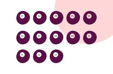 13 purple female egg cells on a pink and white background