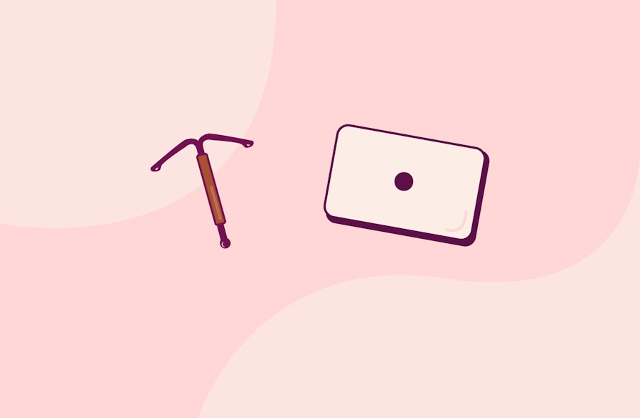 Illustration of an emergency birth control pill and a copper coil on a pink background