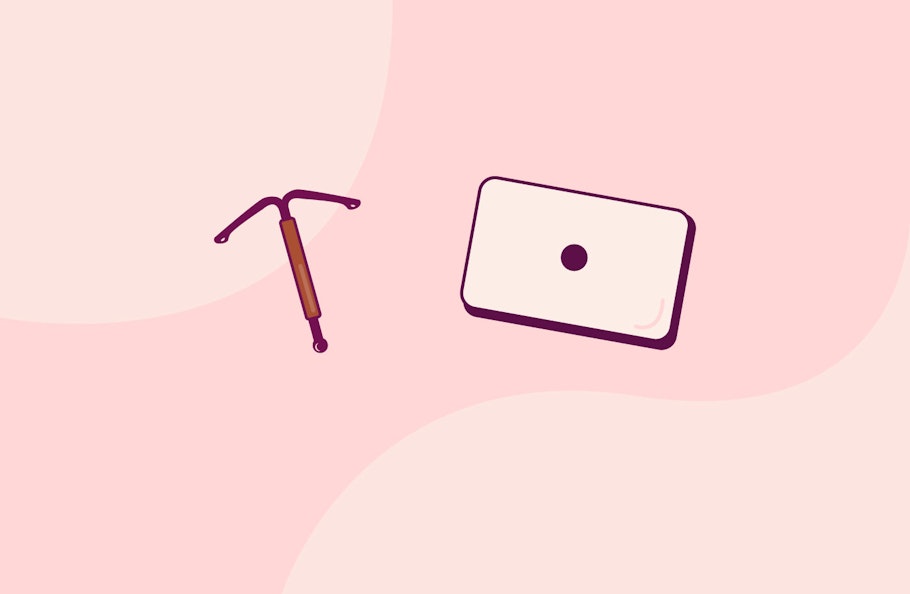 Illustration of an emergency birth control pill and a copper coil on a pink background