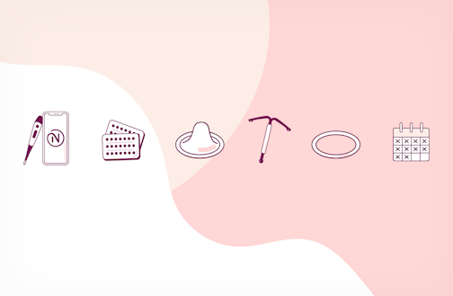 Different birth control methods against a wavy light-coloured background