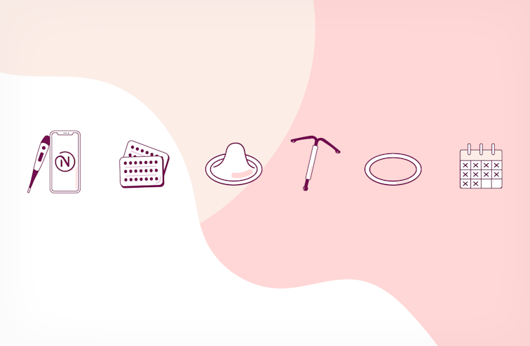 Different birth control methods against a wavy light-coloured background