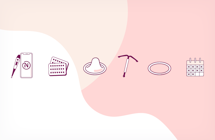 Different birth control methods against a wavy light-coloured background
