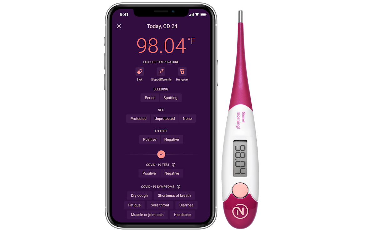 Natural Cycles thermometer and app displauying the options for tracking COVID-19 symptoms