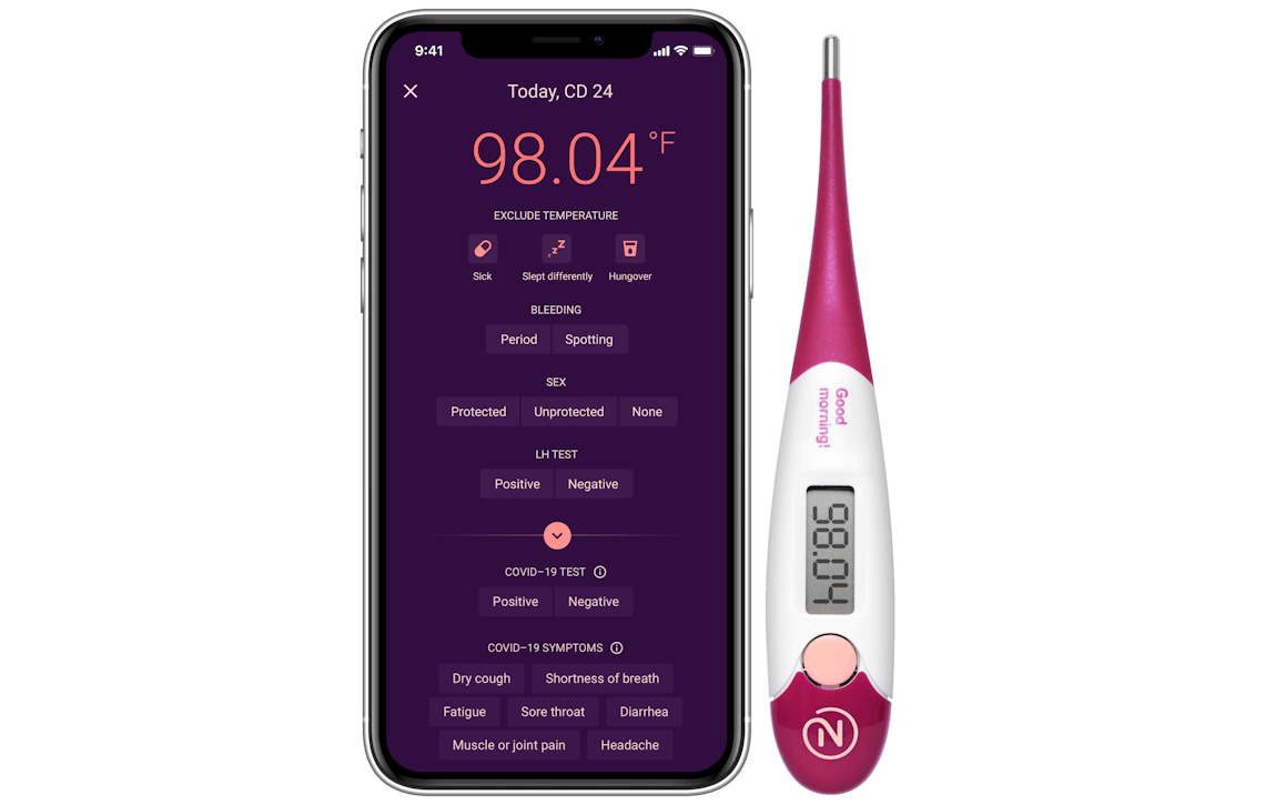 Natural Cycles thermometer and app displauying the options for tracking COVID-19 symptoms