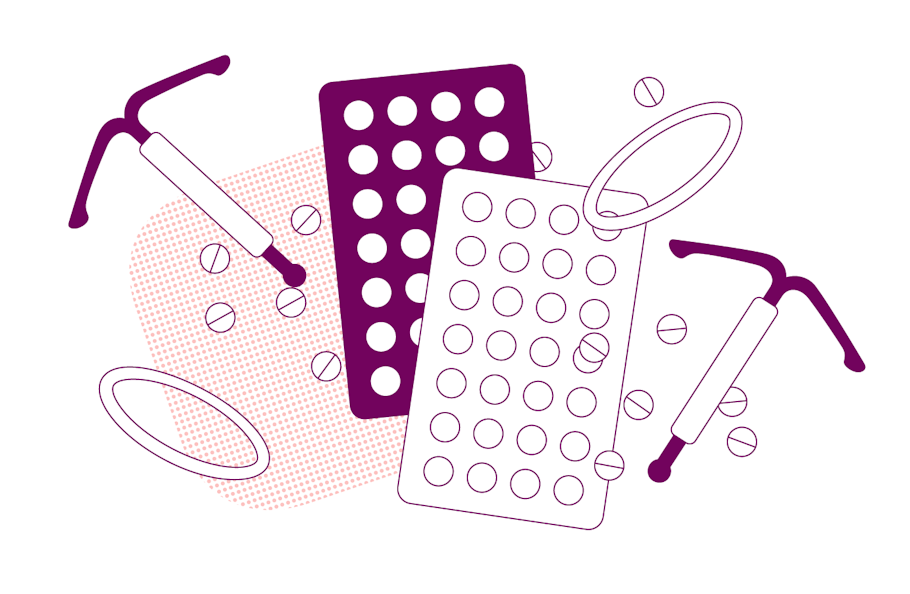 Hormonal birth control: pills, rings and IUDs shown in illustration