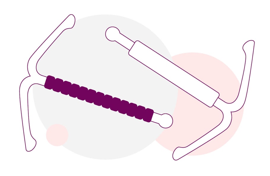 Illustration of copper and IUD and hormonal IUD on a background of two colored circles