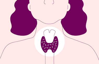 Illustration of the head and shoulders of a woman showing where the thyroid gland is in the centre of the throat