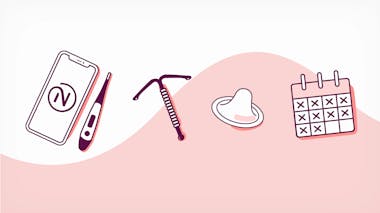 Ilustraciones de anticonceptivos no hormonales sobre un fondo rosa y blanco