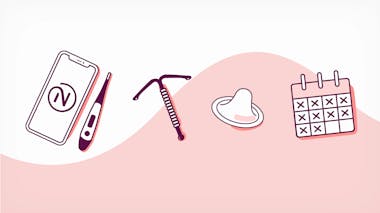 Illustrations of non-hormonal birth control on a pink and white background