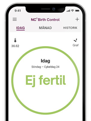 Telefon som visar Natural Cycles appen med statusen "ej fertil"