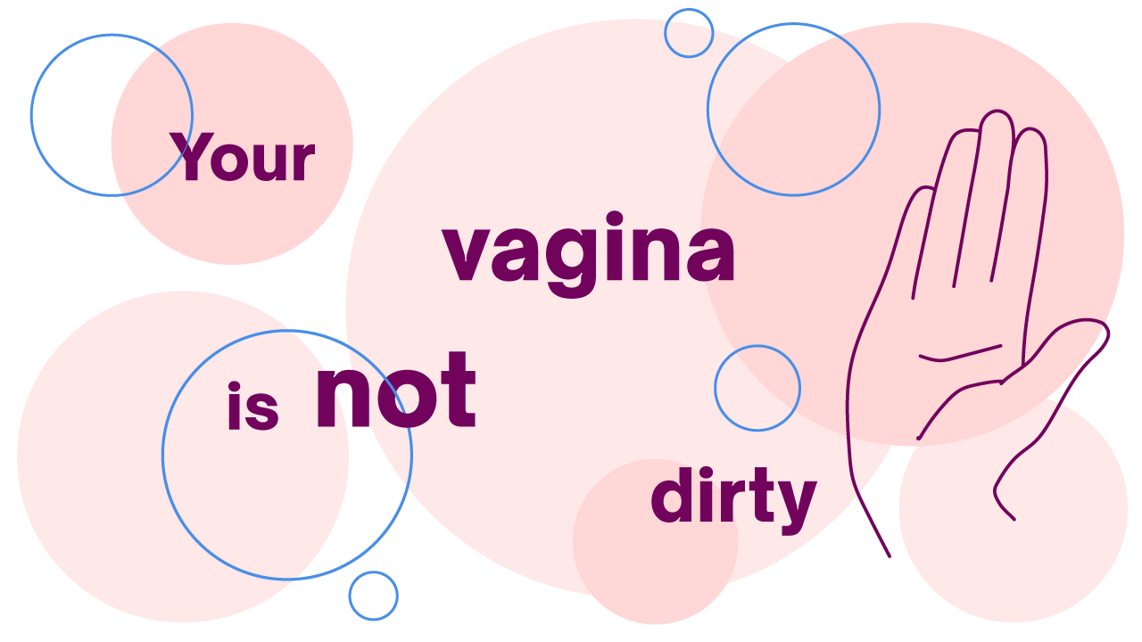 Illustration of a hand and bubbles with the words 'your vagina is not dirty'