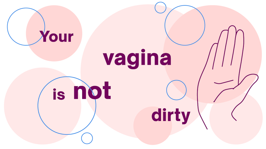 Illustration of a hand and bubbles with the words 'your vagina is not dirty'