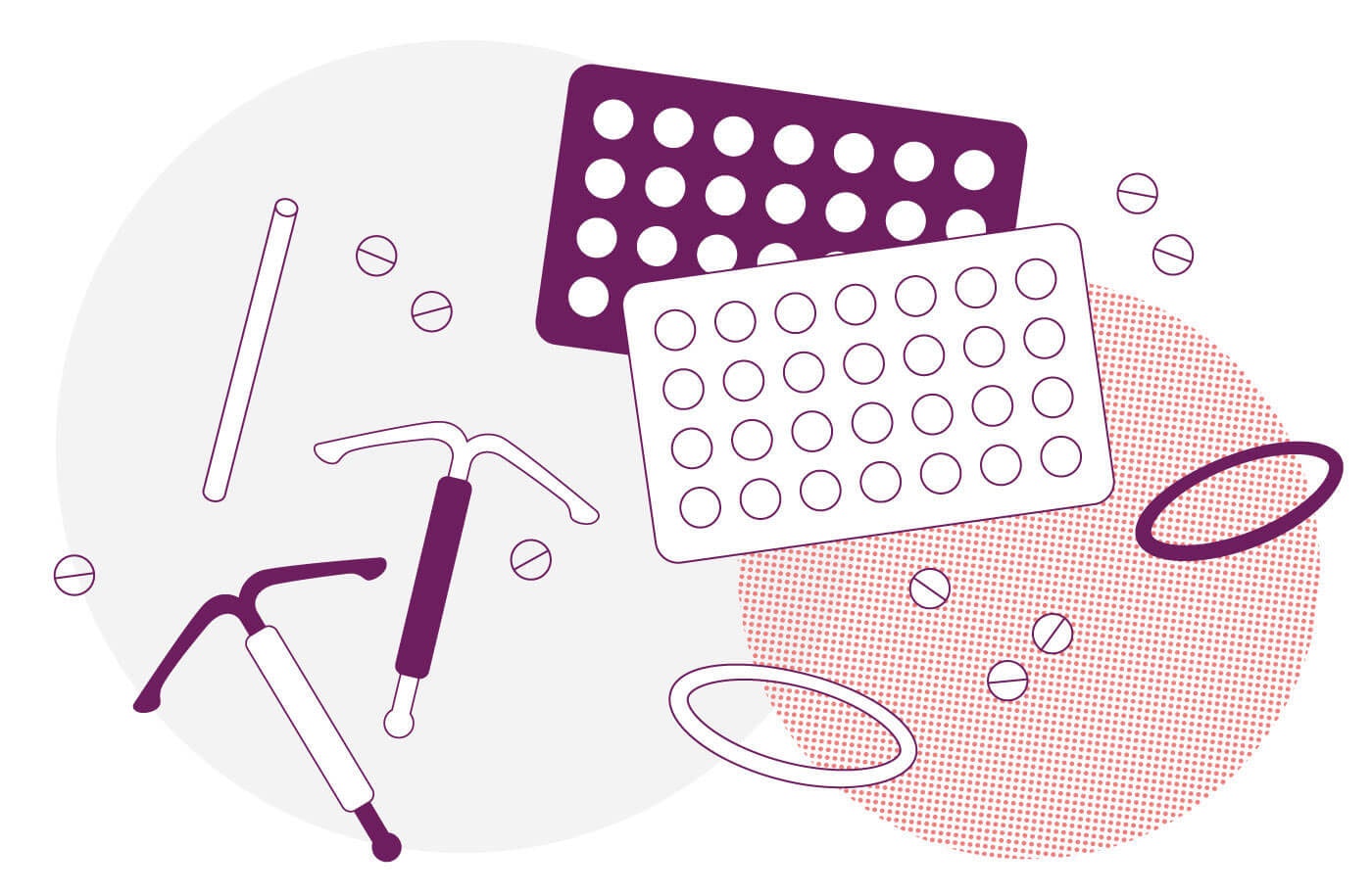 Illustration av olika preventivmedel som p-piller, p-ring, p-stav och spiral