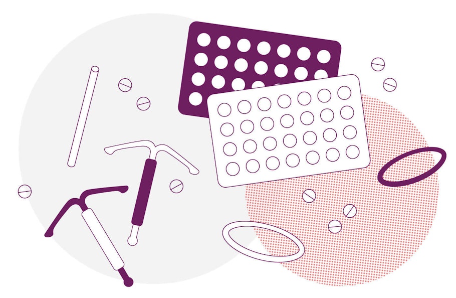 Illustration of hormonal IUDs, implant, pill packets and nuvarings