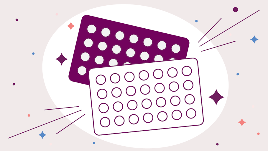 Birth control pill packets shown in illustration with sparkles surrounding them