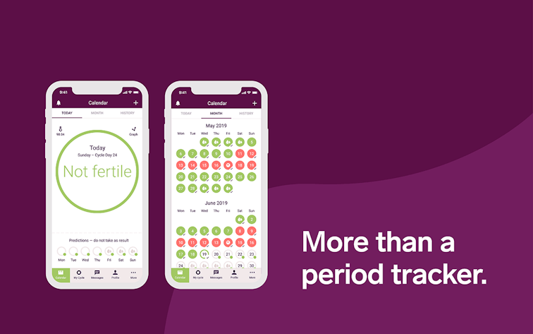 Two Natural Cycles app screenshots with the words 'more than a period tracker' on a purple background
