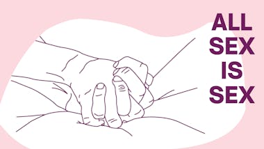 Illustration of two hands clasped together on bedsheets with the text 'All sex is sex'