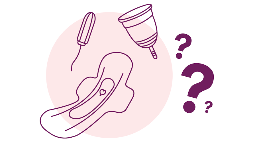 illustration of tampon, pad and menstrual cup with three question marks