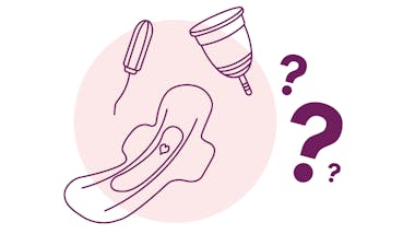 illustration of tampon, pad and menstrual cup with three question marks