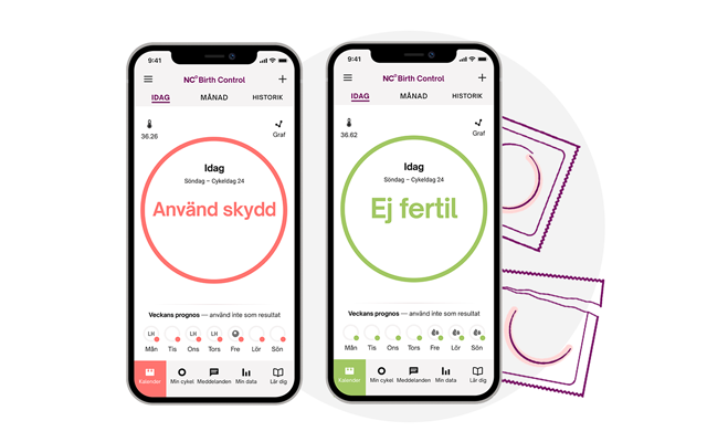 Två telefoner med Natural Cycles app, en telefon visar statusen