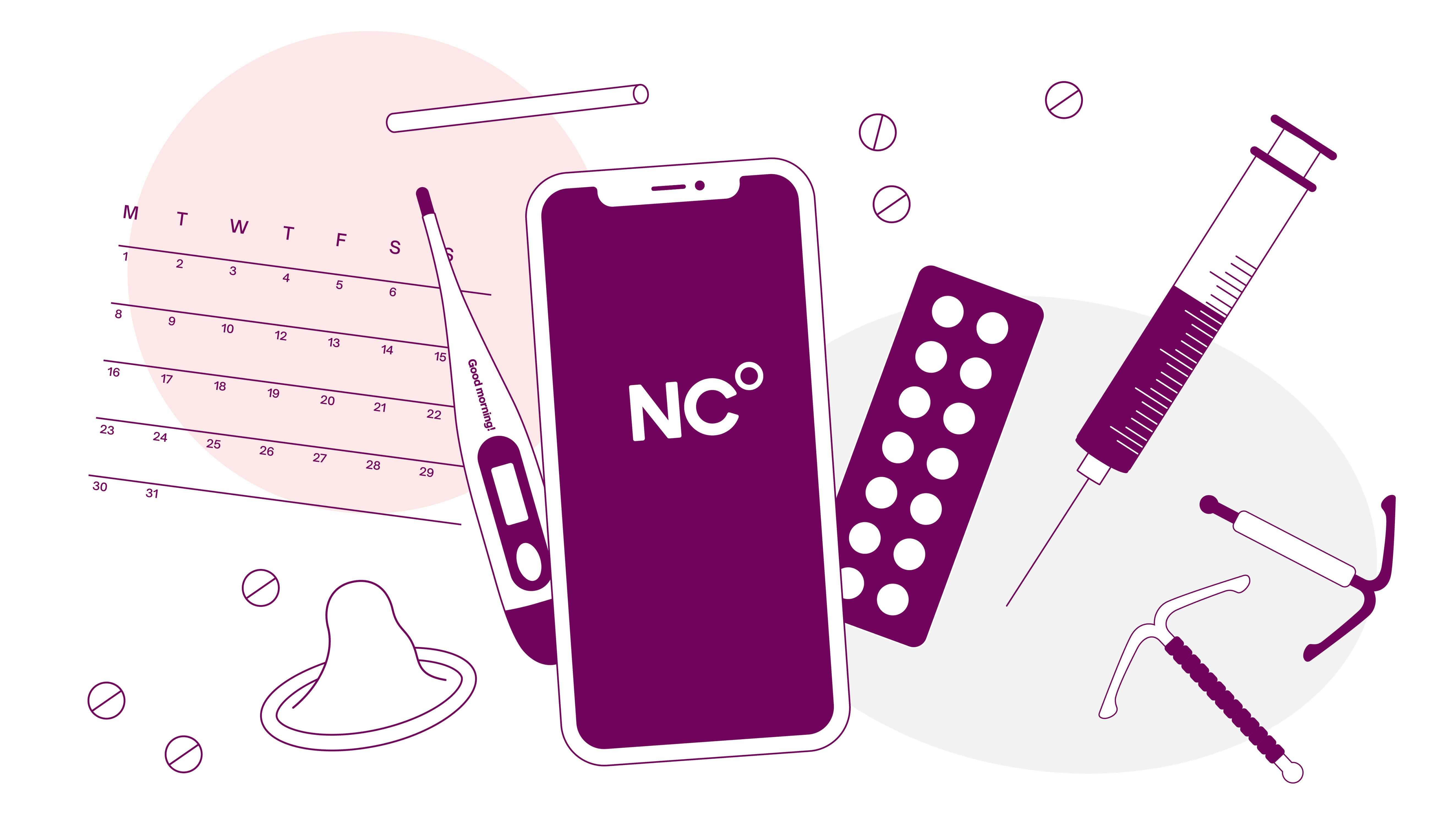illustration showing: the calendar method, condoms, mini pills, IUds, implant, injection and natural cycles