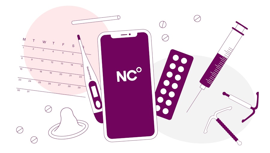 illustration showing: the calendar method, condoms, mini pills, IUds, implant, injection and natural cycles
