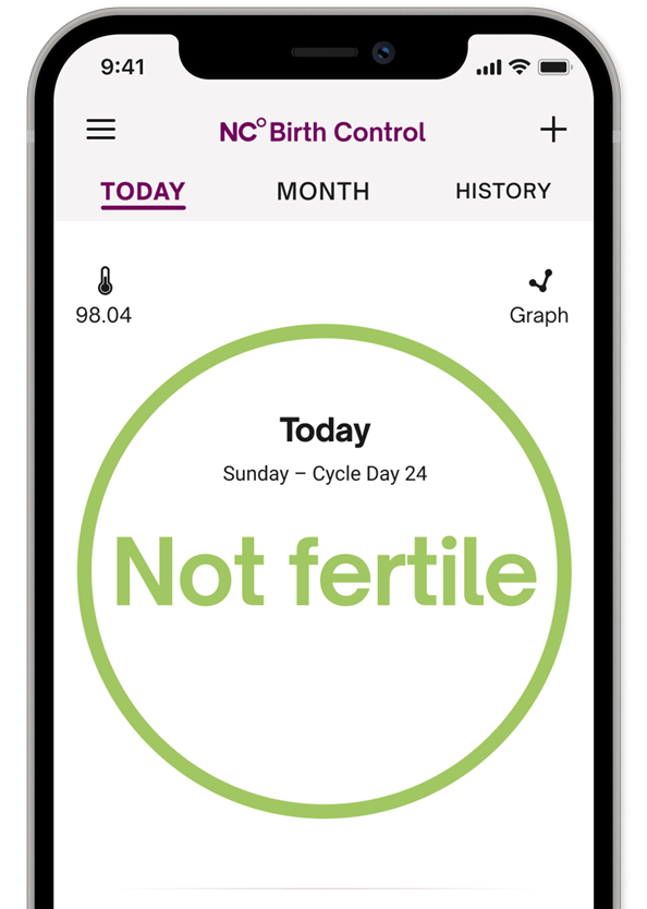 Natural Cycles app screen showing the fertility status for the day which reads Not Fertile.