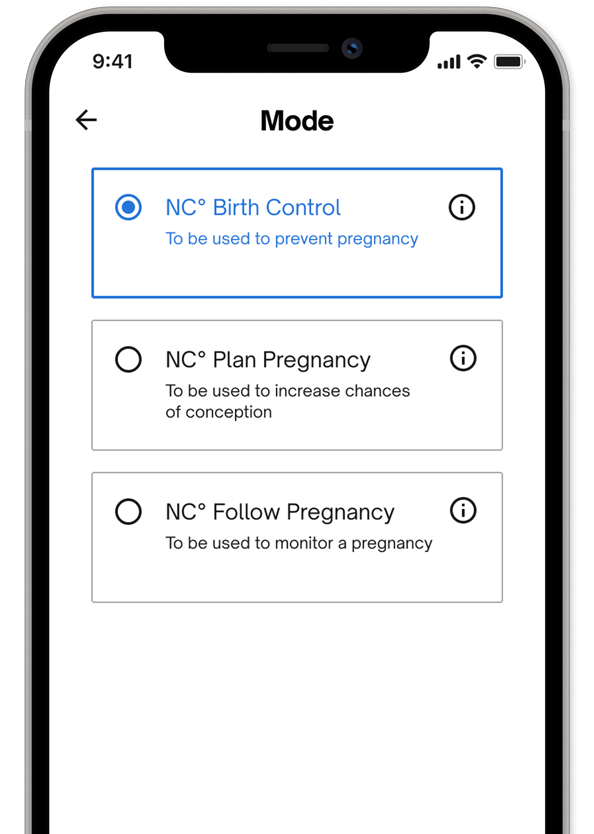 Natural Cycles app showing the settings screen where the user can change the app's mode.