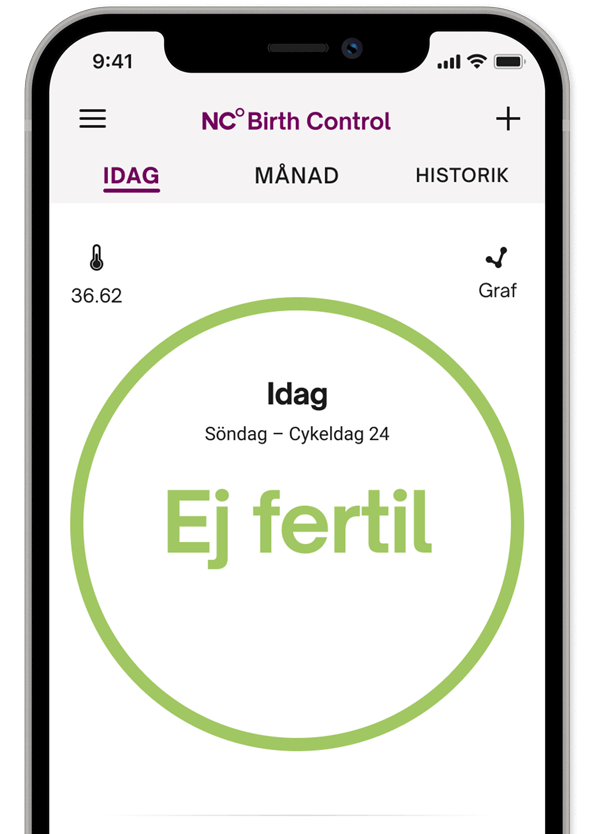 Natural Cycles -appen som visar skärmen "ej fertil"