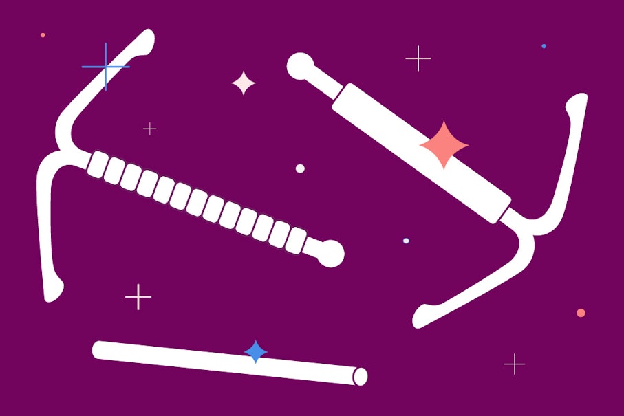 illustration showing copper IUD, hormonal IUD and implant surrounded by stars