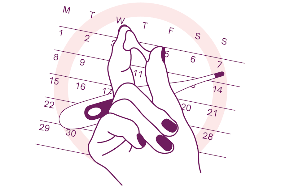 Illustration showing hand holding cervical mucus against the backdrop of a thermometer on a calendar