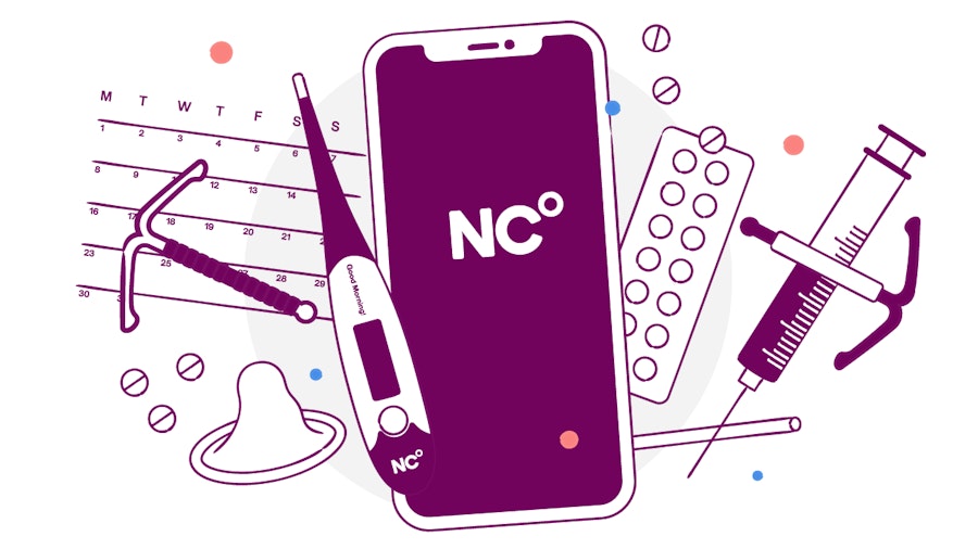 Illustration showing a range of birth control methods: the calendar method, IUDs, condoms, pills, implants and Natural Cycles