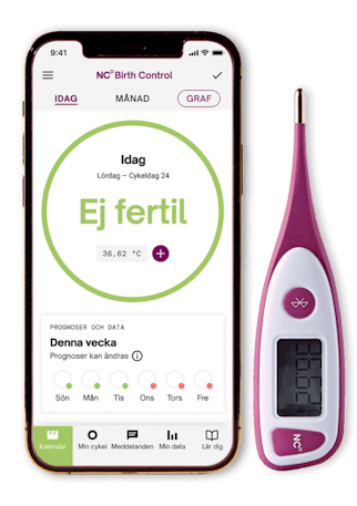 Telefon med Natural Cycles appen som visar fertilitetsstatus "ej fertil" och en termometer vid sidan av