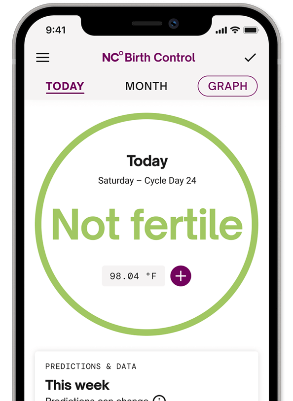 Natural Cycles app screen showing the fertility status for the day which reads Not Fertile.