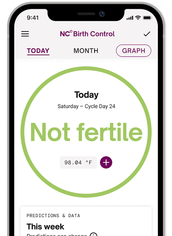 Natural Cycles app screen showing the fertility status for the day which reads Not Fertile.