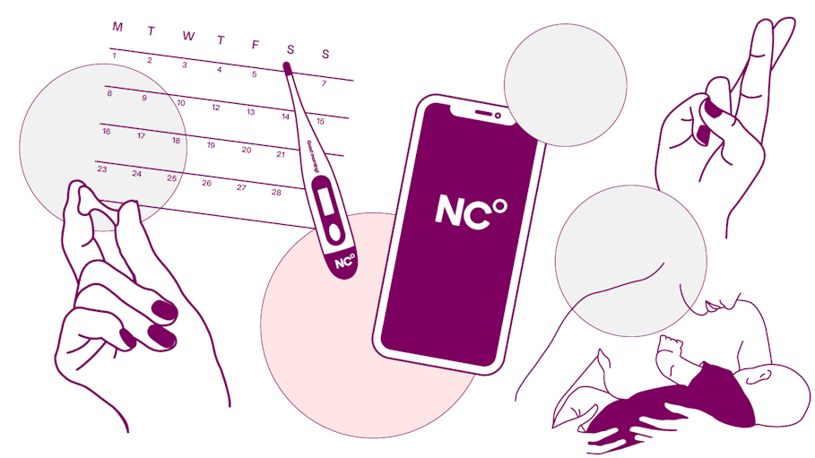 Natural birth control illustration showing thermometer, phone, calendar, hand holding cervical mucus, fingers crossed and breastfeeding