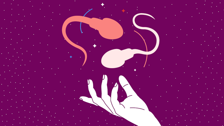 illustration of hand with two different coloured sperm hovering above it
