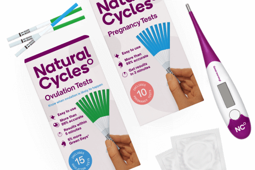 Collection of Natural Cycles products including condoms, pregnancy & ovulation tests, and a basal thermometer