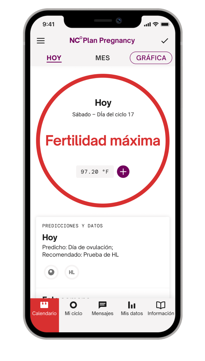Pantalla de la app Natural Cycles que dice “pico de fertilidad” en letras rojas