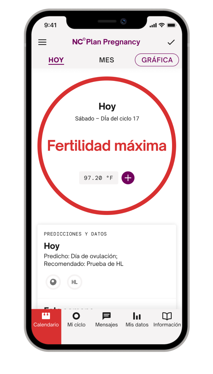 Pantalla de la app Natural Cycles que dice “pico de fertilidad” en letras rojas