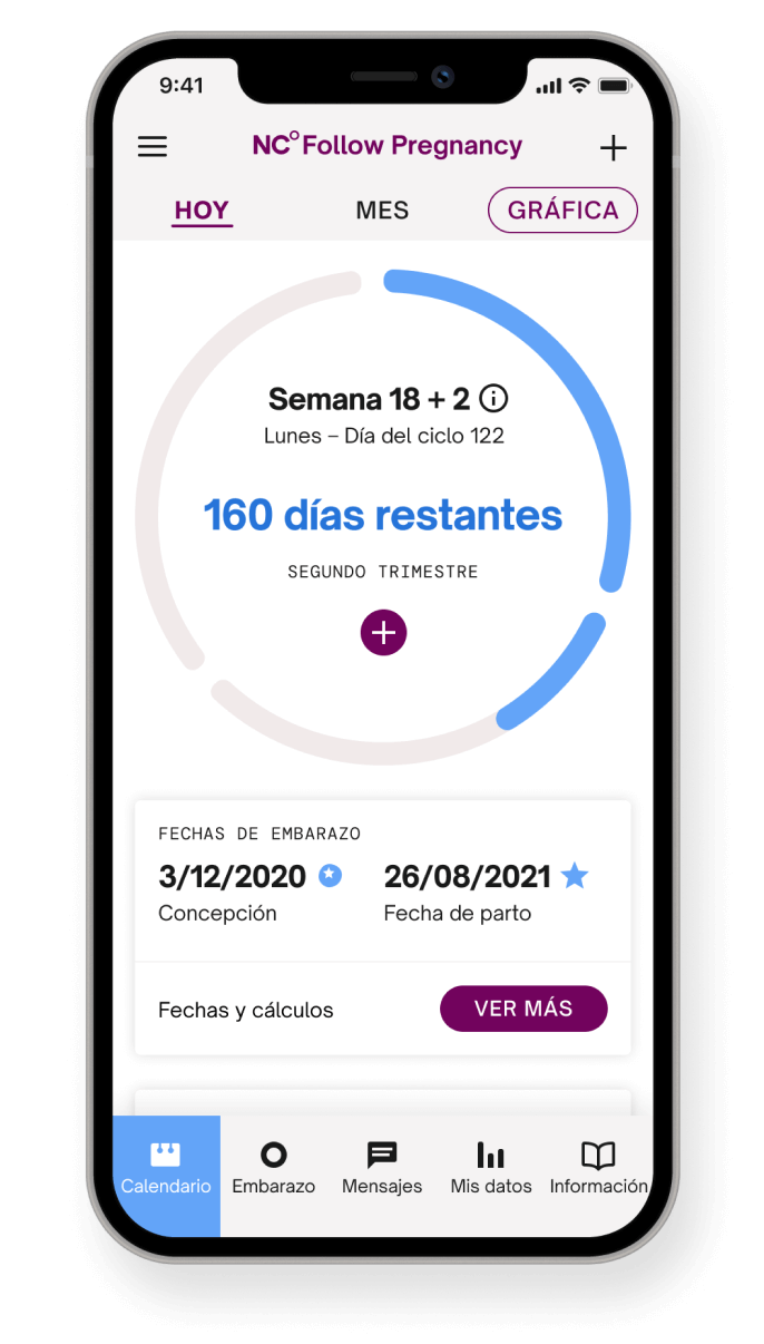 Pantalla de la app Natural Cycles en el modo seguimiento que dice “Quedan 160 días de embarazo”