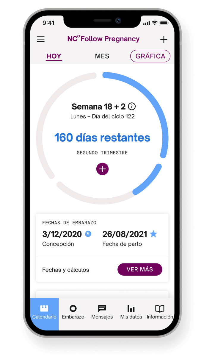 Pantalla de la app Natural Cycles en el modo seguimiento que dice “Quedan 160 días de embarazo”
