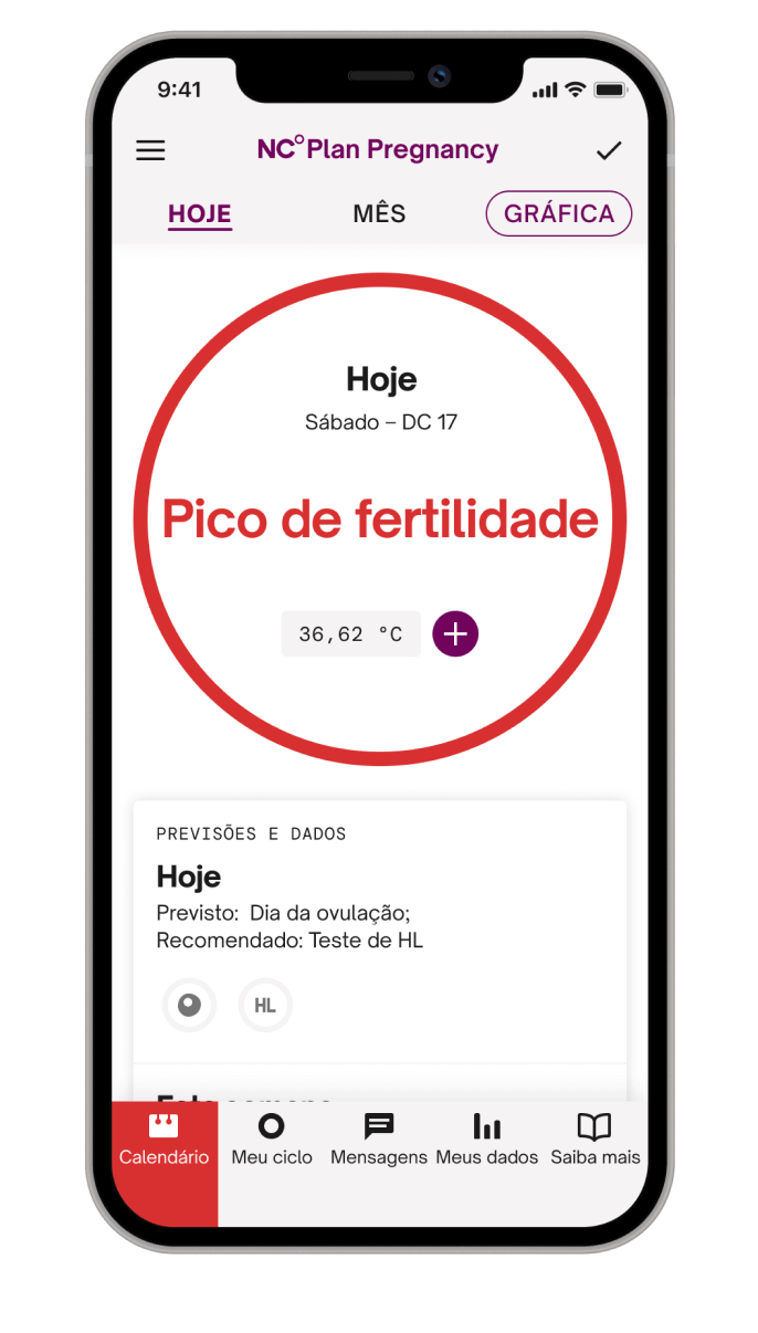 Tela do aplicativo do Natural Cycles com as palavras “pico de fertilidade” em letras vermelhas