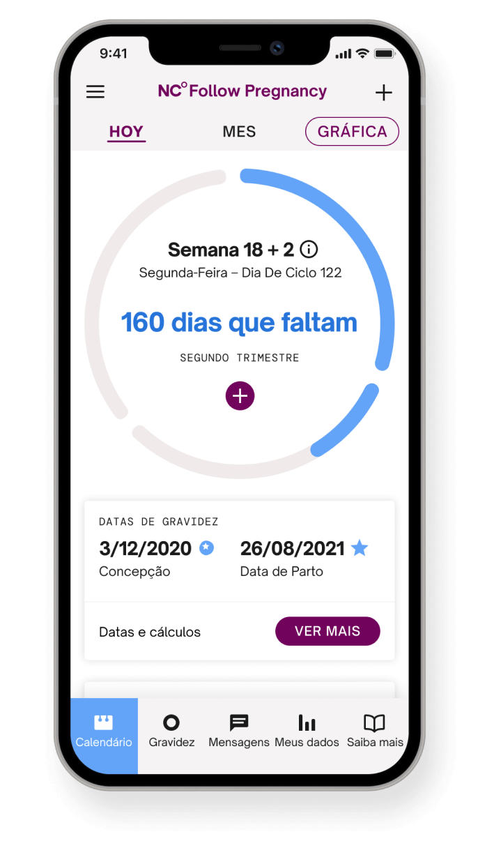 Tela do aplicativo do Natural Cycles em modo “Acompanhar gravidez” com a frase “Ainda restam 160 dias de gravidez”