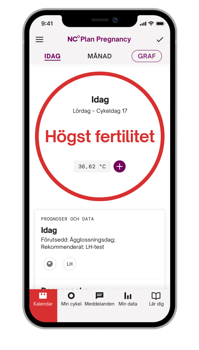 Natural Cycles appen visar "hög fertilitet" i röda bokstäver