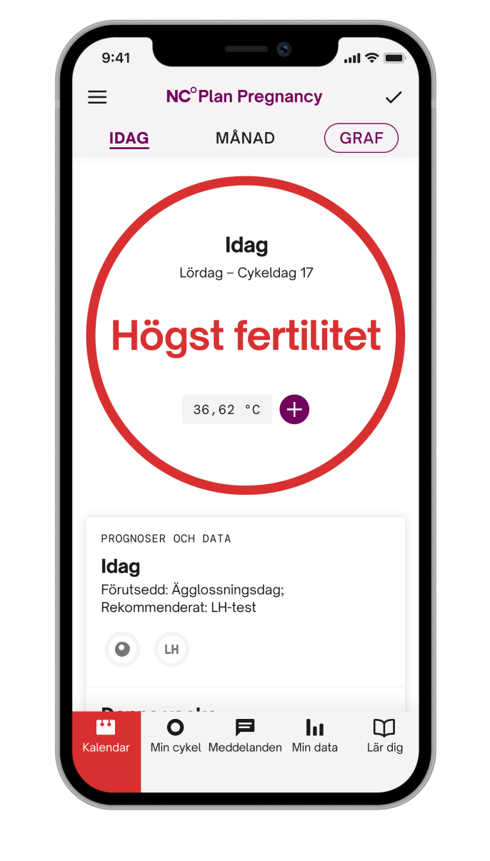 Natural Cycles appen visar "hög fertilitet" i röda bokstäver